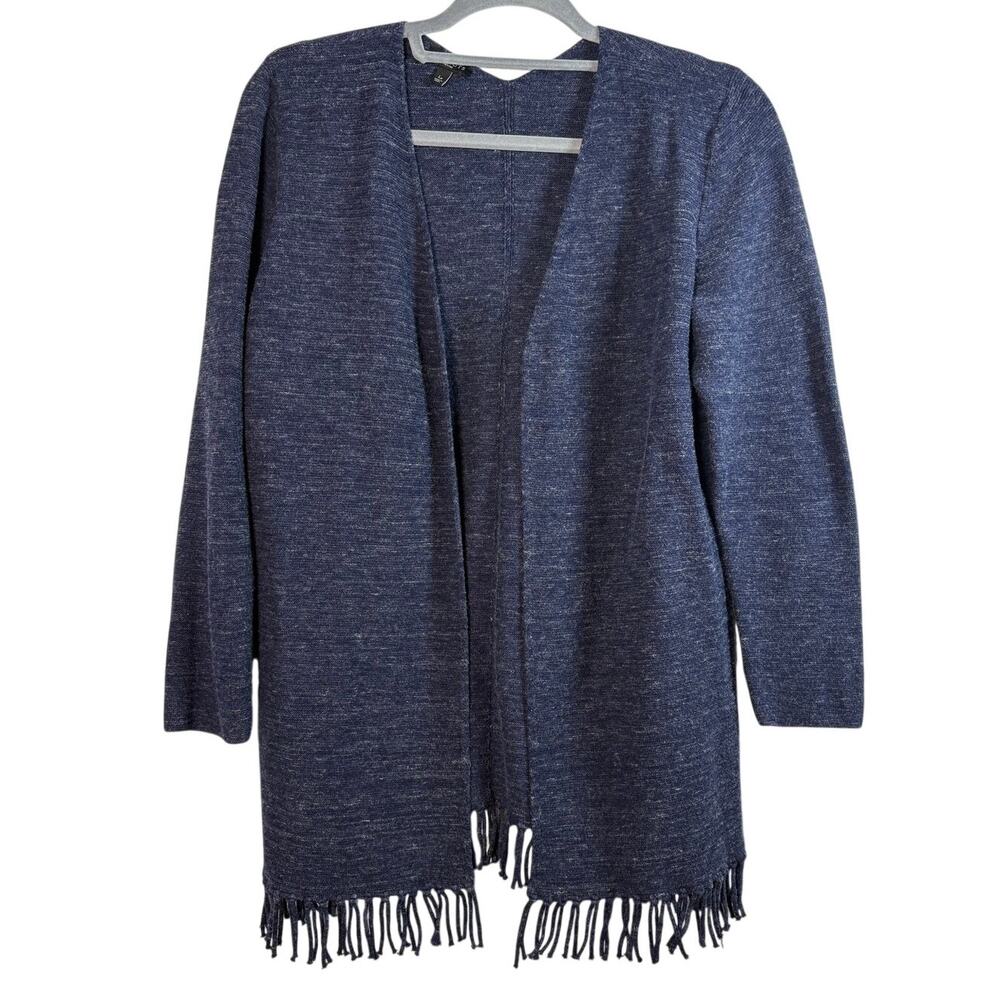 Talbots Space Dye Blue Fringe Hem Open Front Cardigan Sweater Knit Petite L